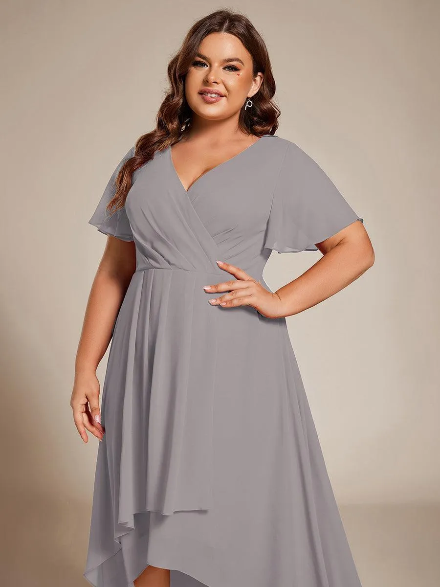 Robe de soirée midi en mousseline plissée à col en V et manches volantées