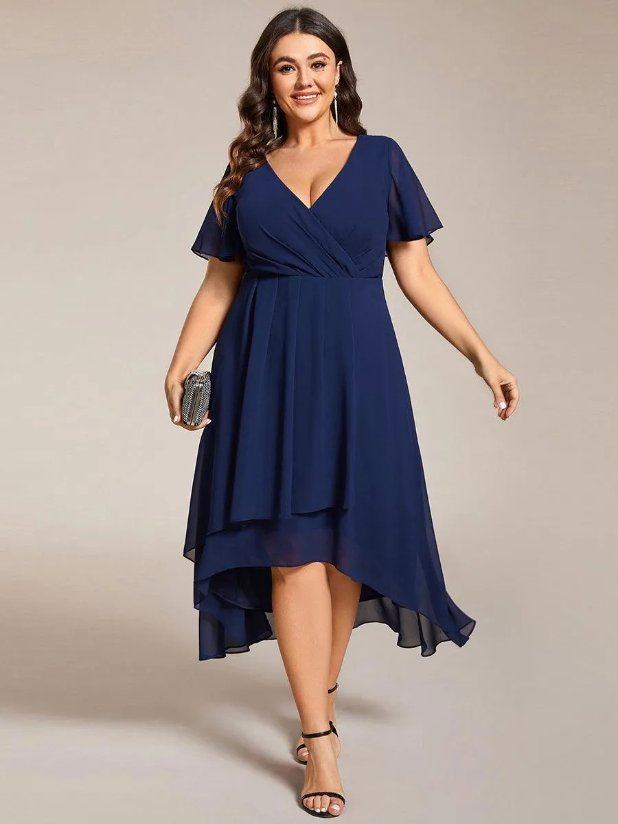 Robe de soirée midi en mousseline plissée à col en V et manches volantées