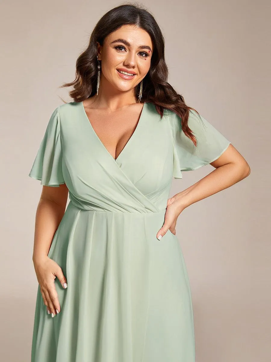 Robe de soirée midi en mousseline plissée à col en V et manches volantées