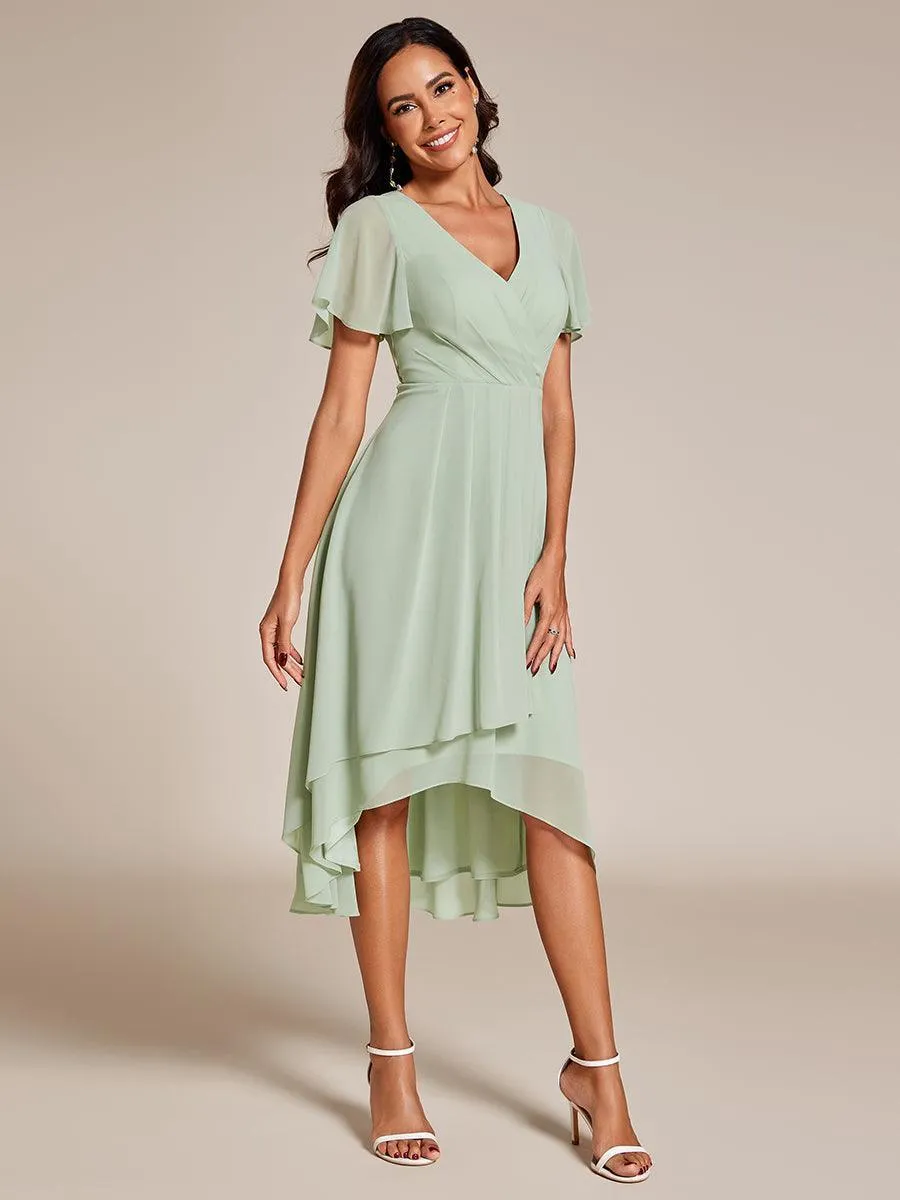 Robe de soirée midi en mousseline plissée à col en V et manches volantées