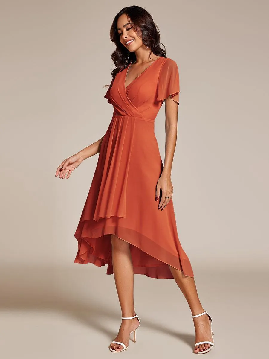 Robe de soirée midi en mousseline plissée à col en V et manches volantées