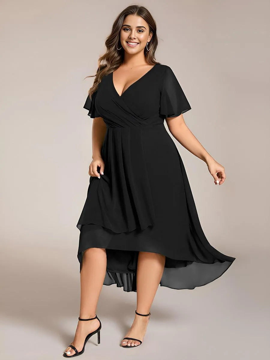 Robe de soirée midi en mousseline plissée à col en V et manches volantées
