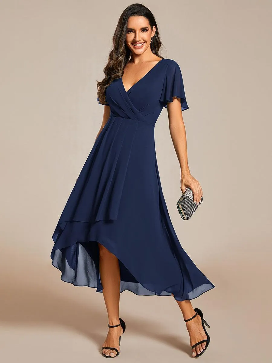 Robe de soirée midi en mousseline plissée à col en V et manches volantées