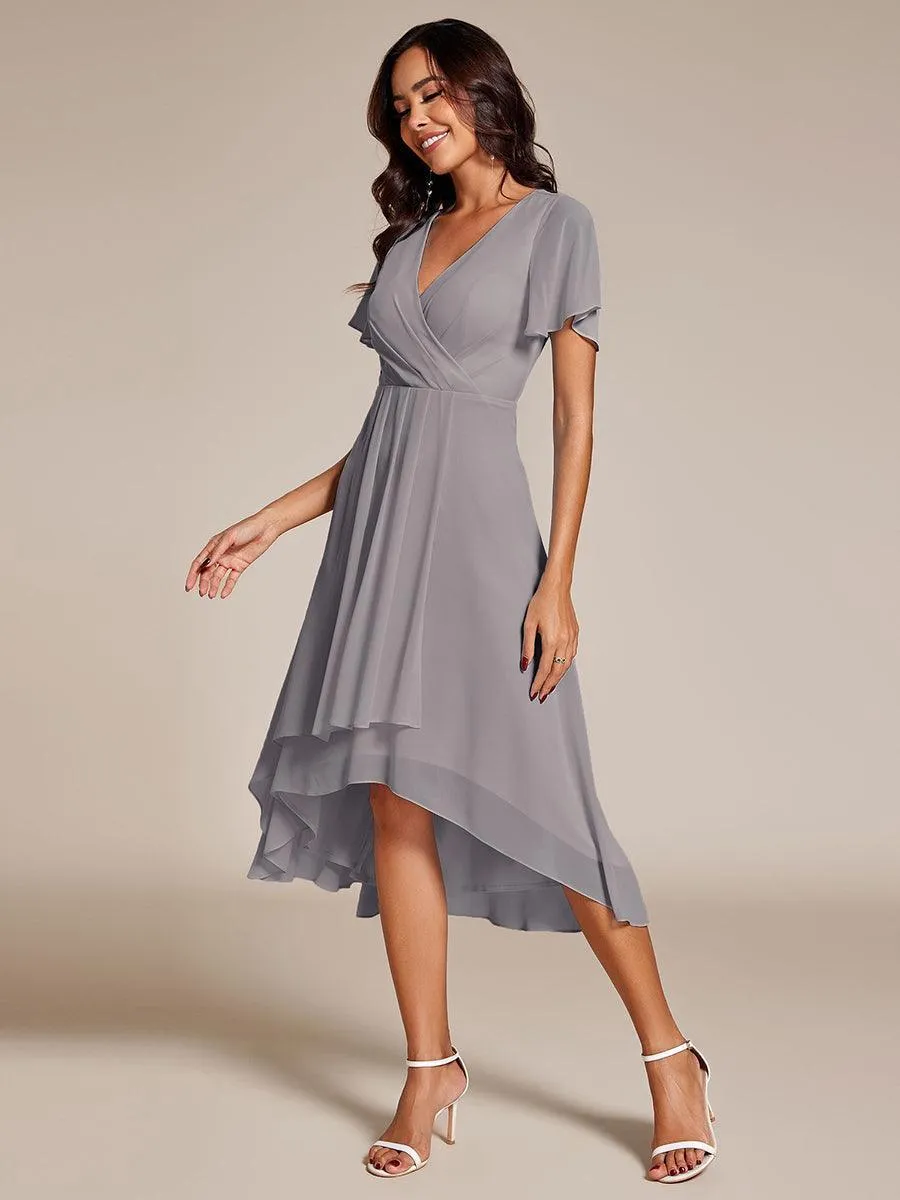 Robe de soirée midi en mousseline plissée à col en V et manches volantées