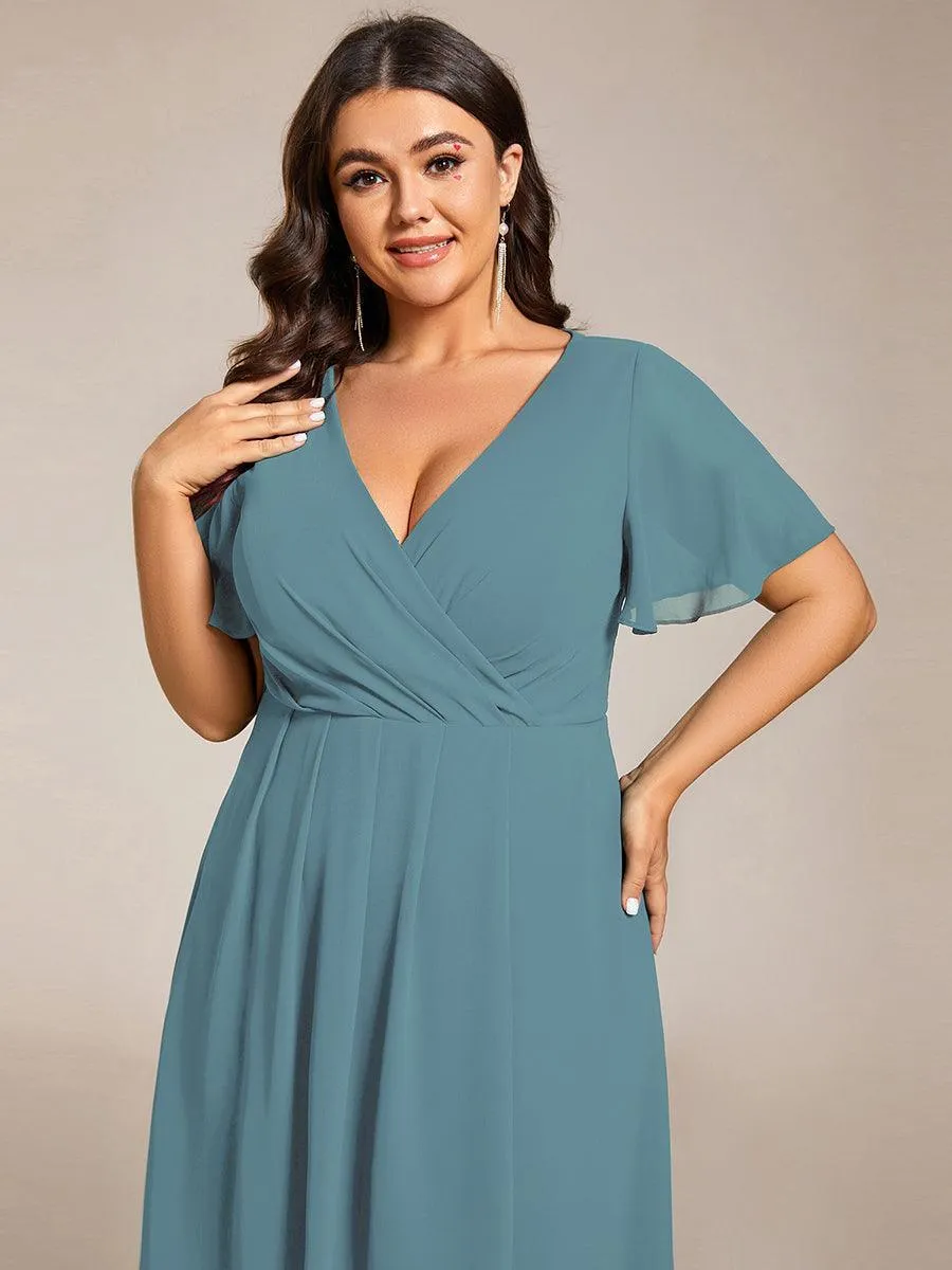 Robe de soirée midi en mousseline plissée à col en V et manches volantées