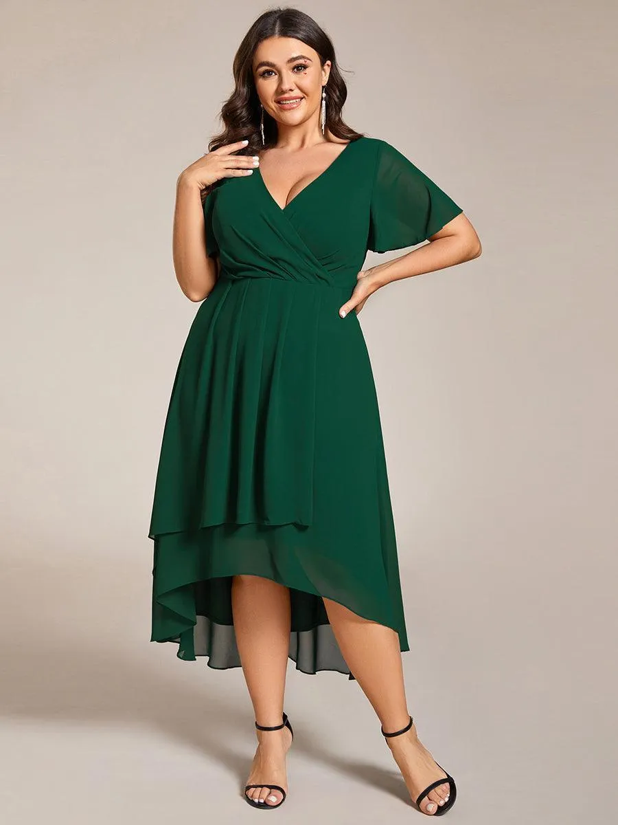Robe de soirée midi en mousseline plissée à col en V et manches volantées