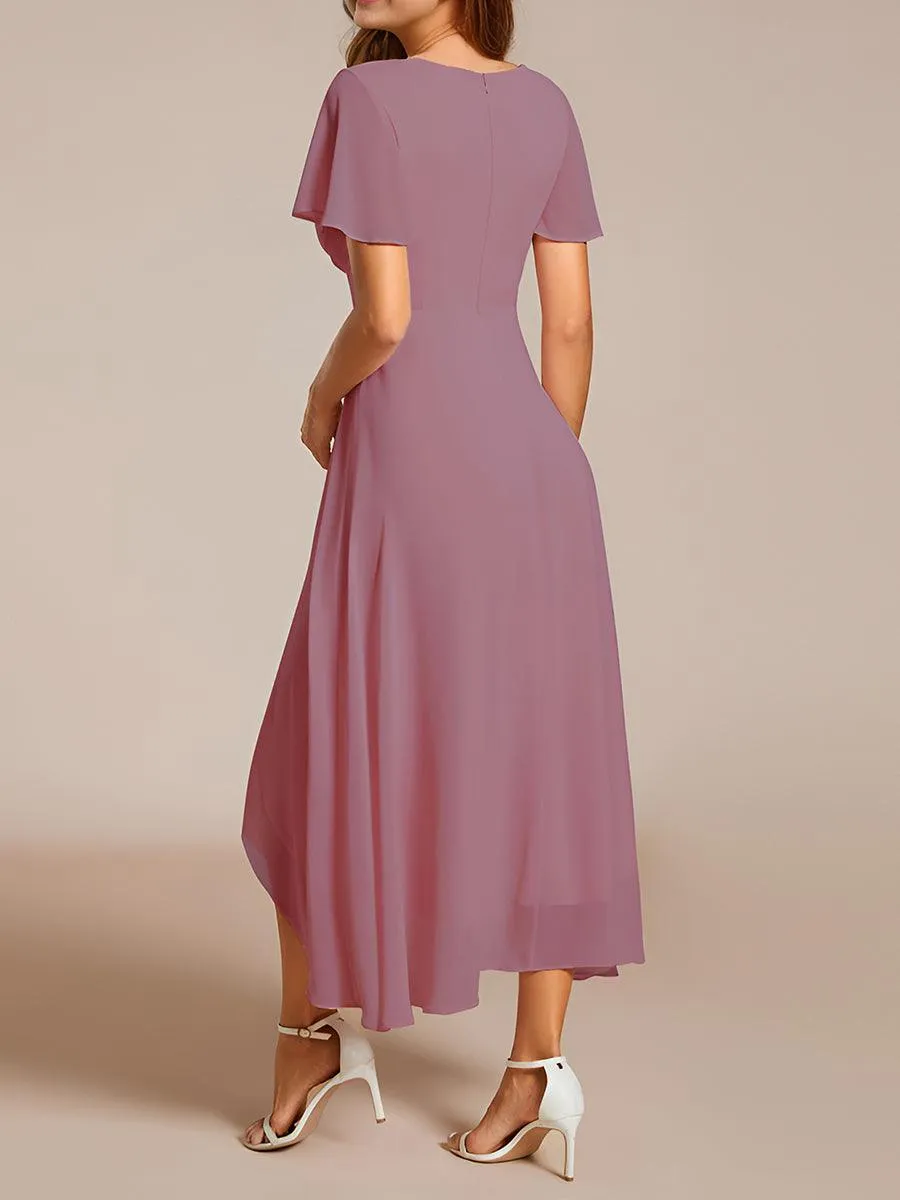 Robe de soirée midi en mousseline plissée à col en V et manches volantées
