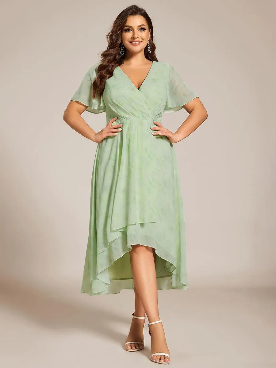 Robe de soirée midi en mousseline plissée à col en V et manches volantées