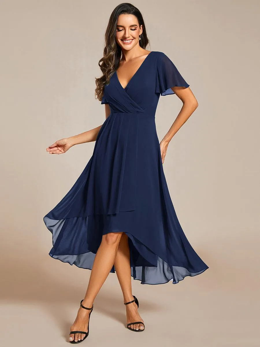 Robe de soirée midi en mousseline plissée à col en V et manches volantées