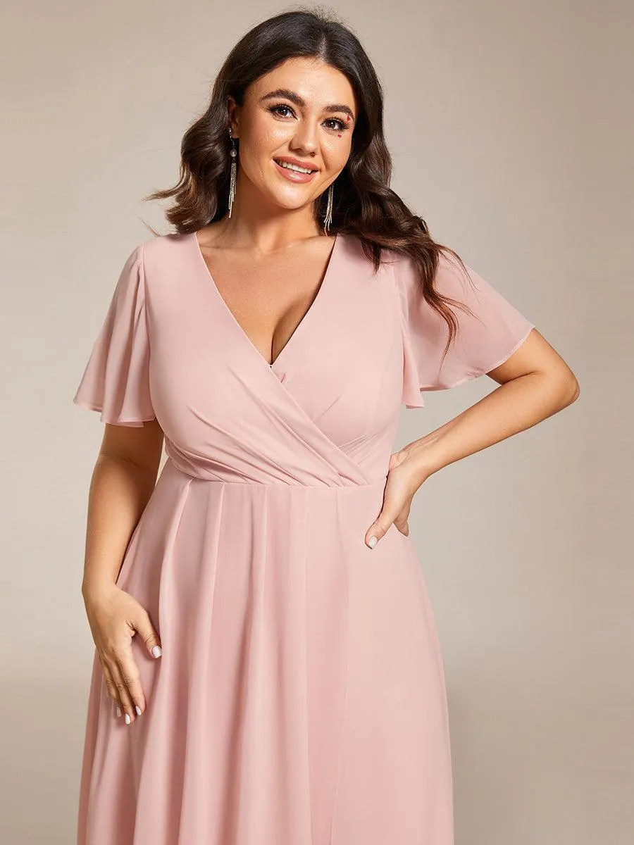 Robe de soirée midi en mousseline plissée à col en V et manches volantées
