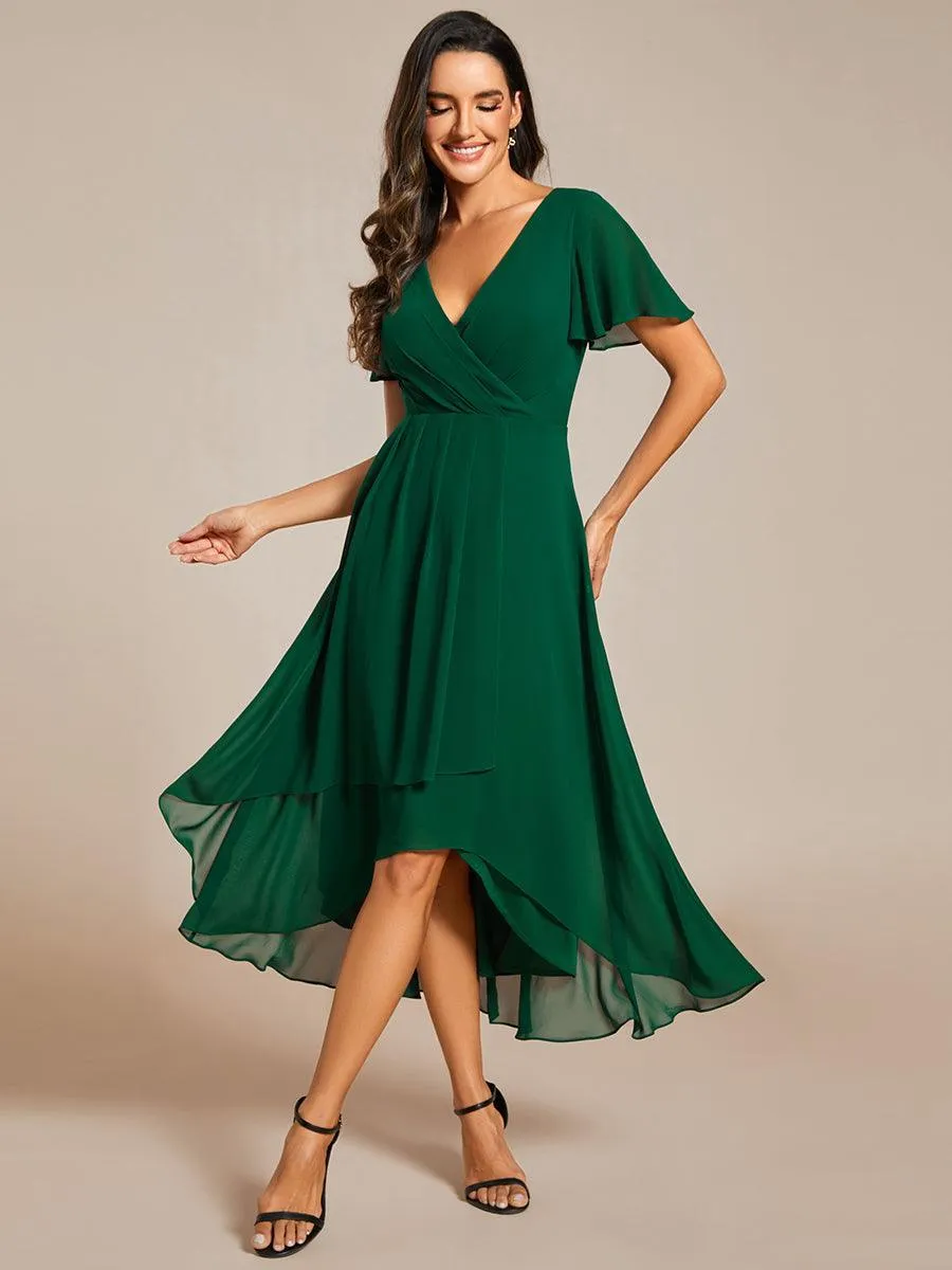 Robe de soirée midi en mousseline plissée à col en V et manches volantées