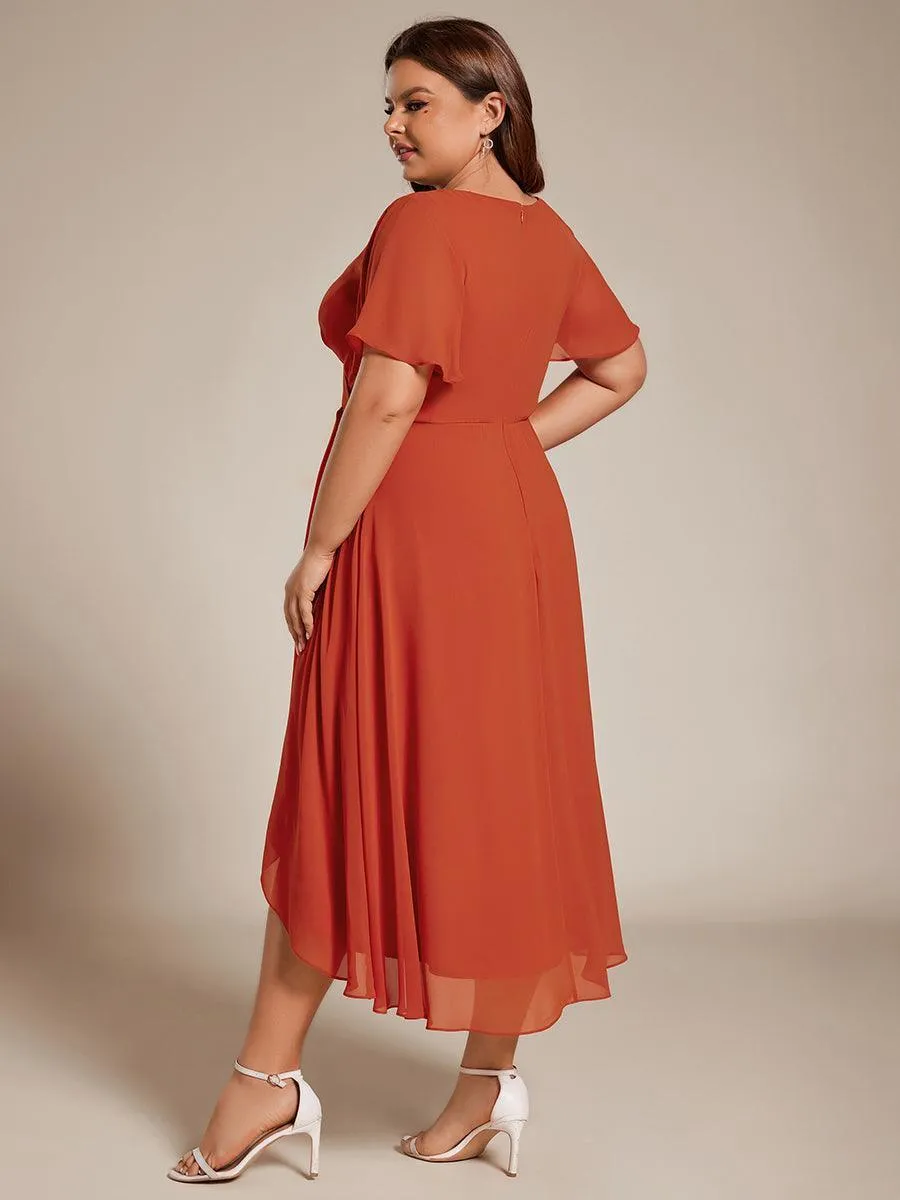 Robe de soirée midi en mousseline plissée à col en V et manches volantées
