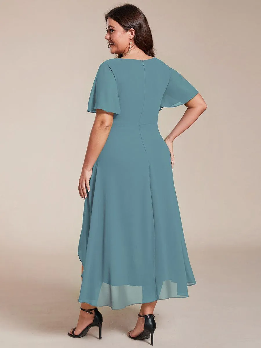 Robe de soirée midi en mousseline plissée à col en V et manches volantées
