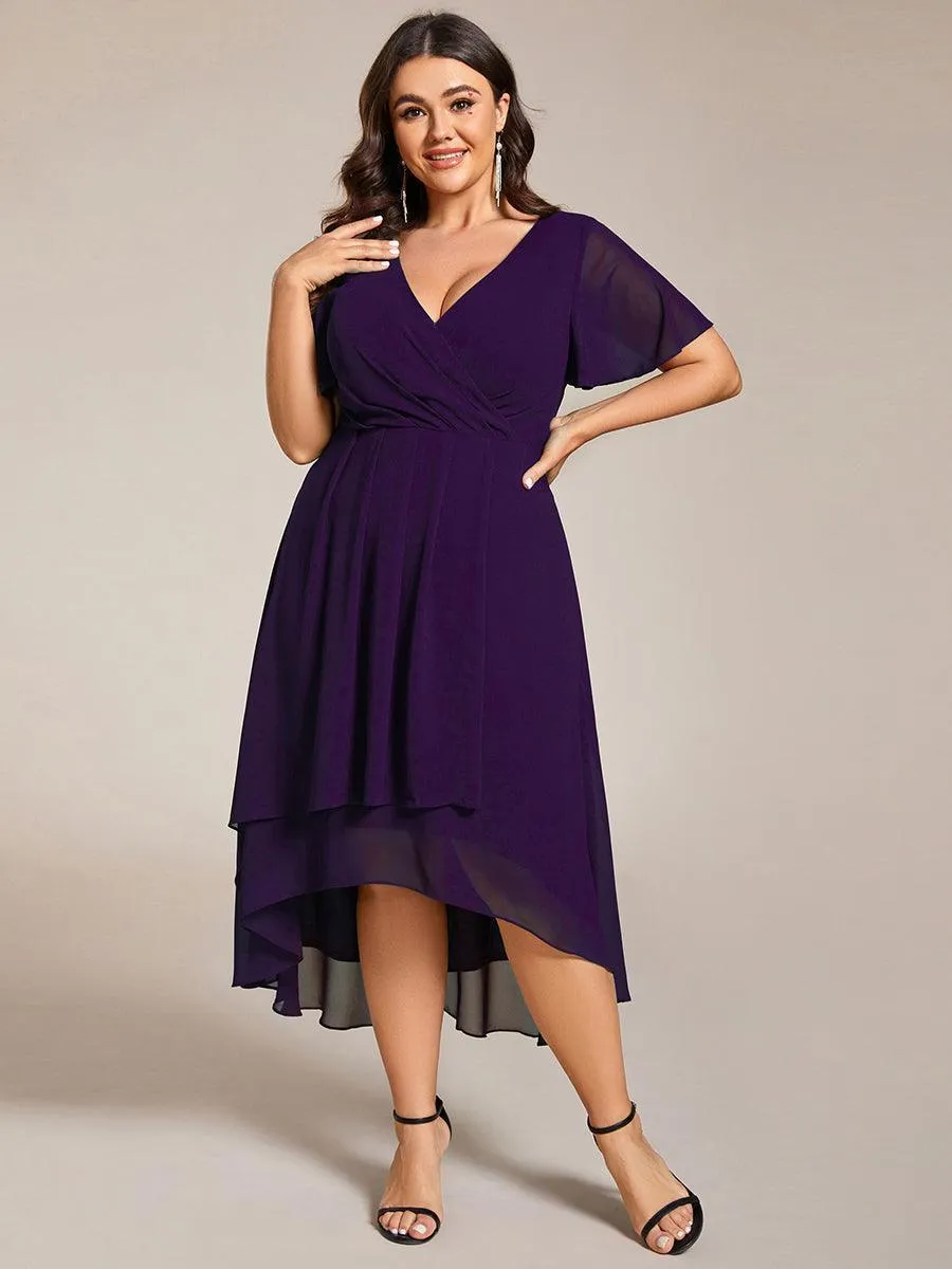 Robe de soirée midi en mousseline plissée à col en V et manches volantées