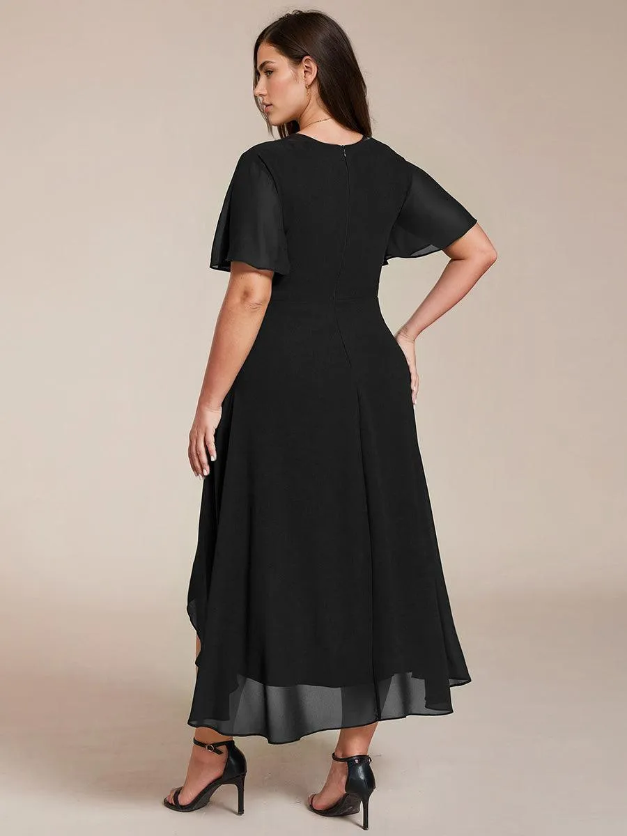 Robe de soirée midi en mousseline plissée à col en V et manches volantées