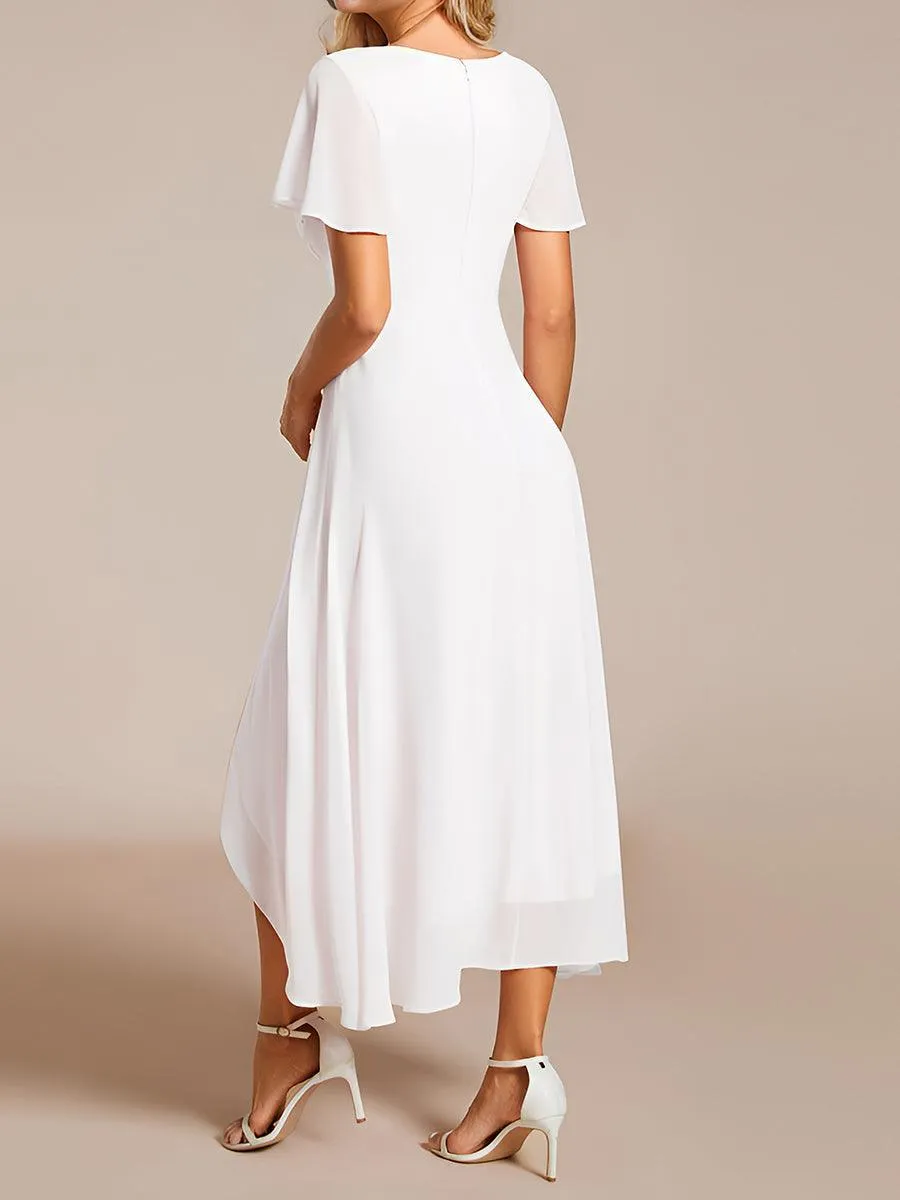 Robe de soirée midi en mousseline plissée à col en V et manches volantées