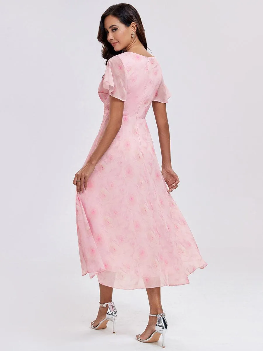 Robe de soirée midi en mousseline plissée à col en V et manches volantées