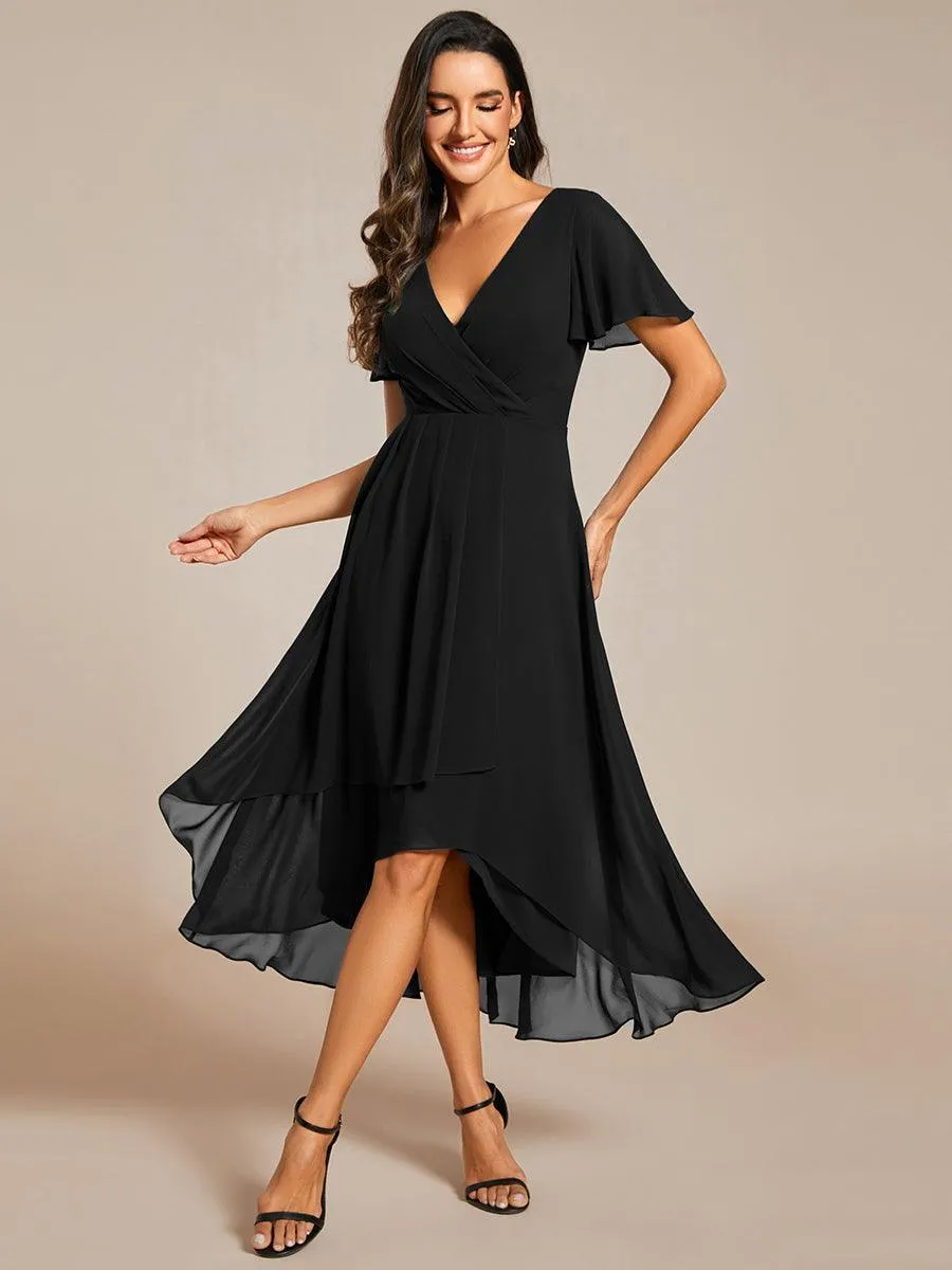 Robe de soirée midi en mousseline plissée à col en V et manches volantées
