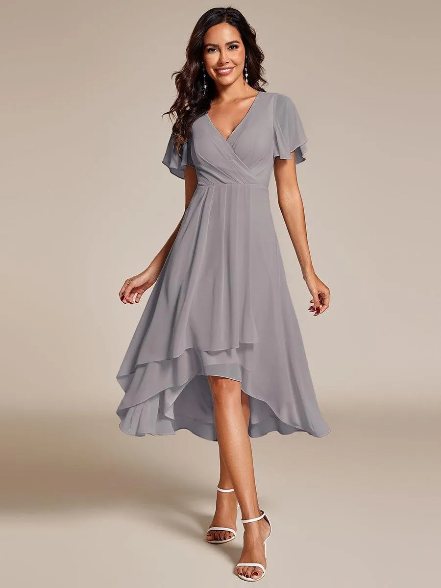 Robe de soirée midi en mousseline plissée à col en V et manches volantées