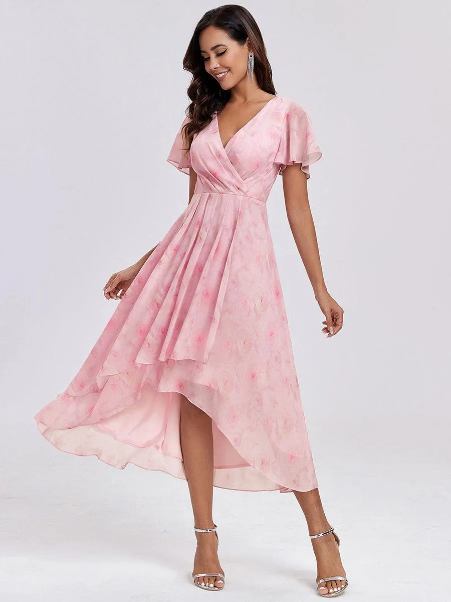 Robe de soirée midi en mousseline plissée à col en V et manches volantées
