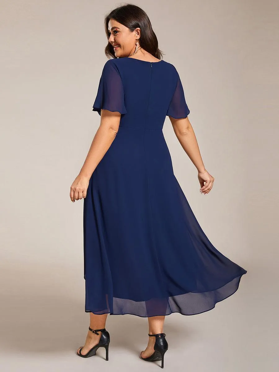 Robe de soirée midi en mousseline plissée à col en V et manches volantées