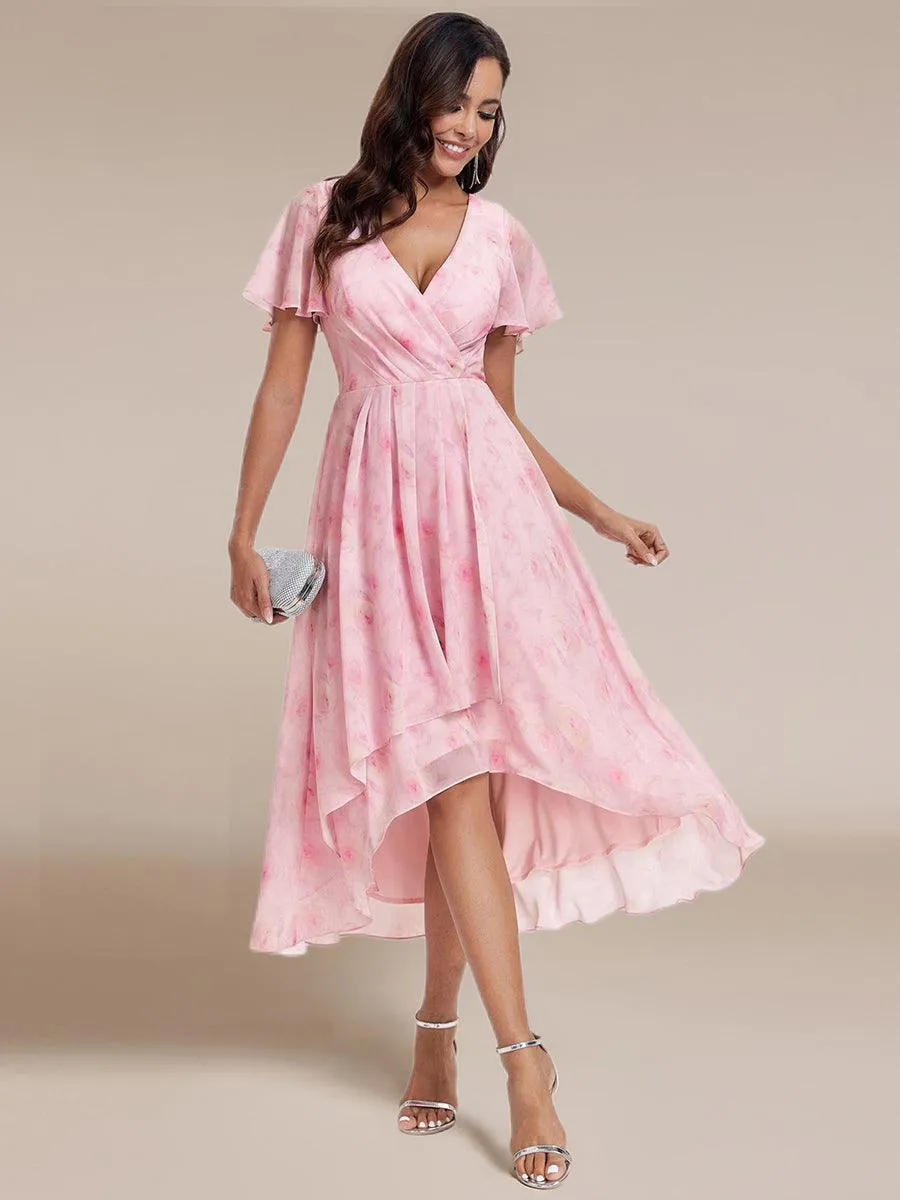 Robe de soirée midi en mousseline plissée à col en V et manches volantées
