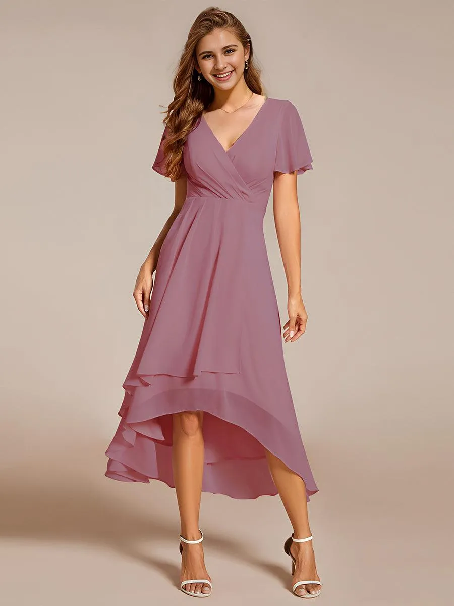 Robe de soirée midi en mousseline plissée à col en V et manches volantées