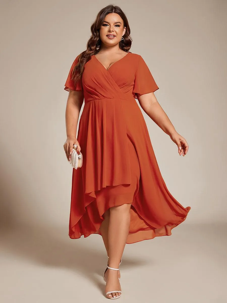 Robe de soirée midi en mousseline plissée à col en V et manches volantées