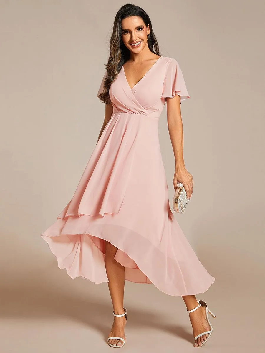 Robe de soirée midi en mousseline plissée à col en V et manches volantées