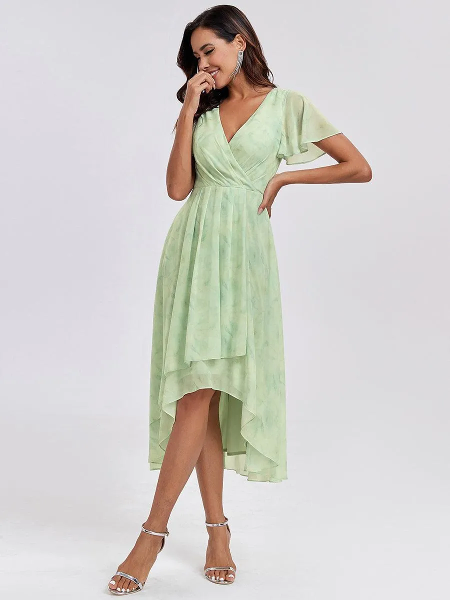 Robe de soirée midi en mousseline plissée à col en V et manches volantées