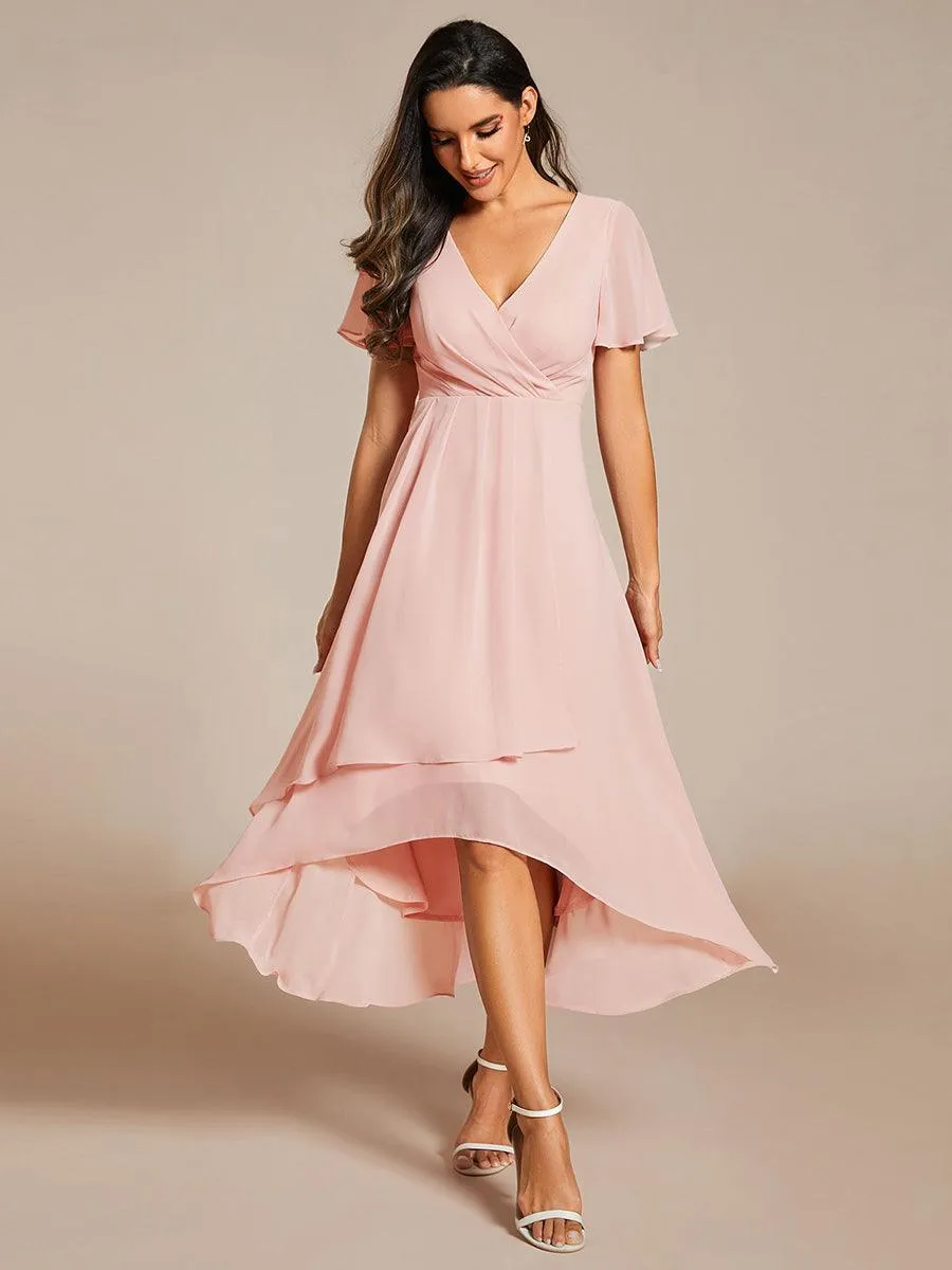 Robe de soirée midi en mousseline plissée à col en V et manches volantées