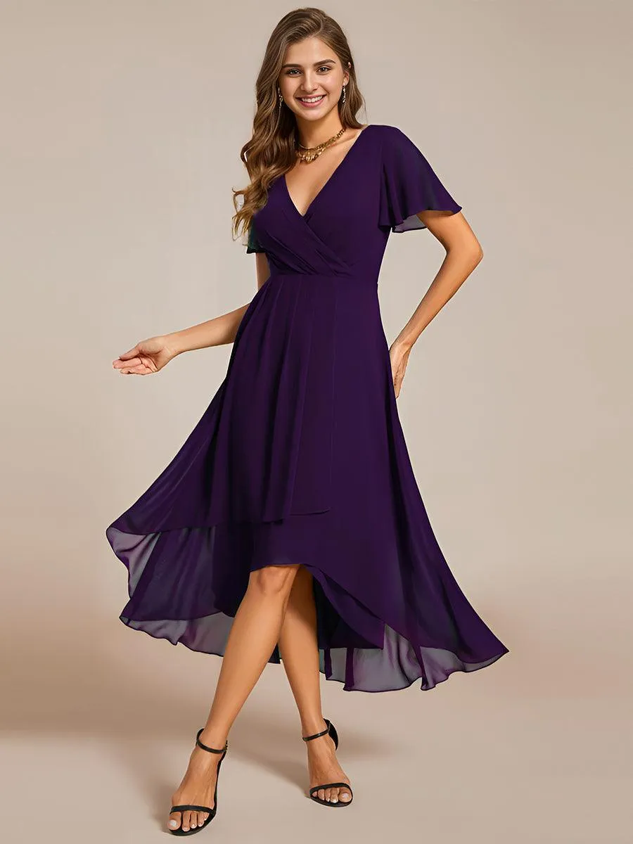 Robe de soirée midi en mousseline plissée à col en V et manches volantées