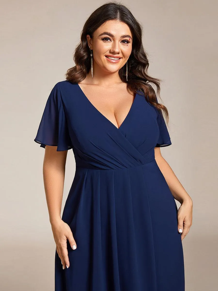 Robe de soirée midi en mousseline plissée à col en V et manches volantées
