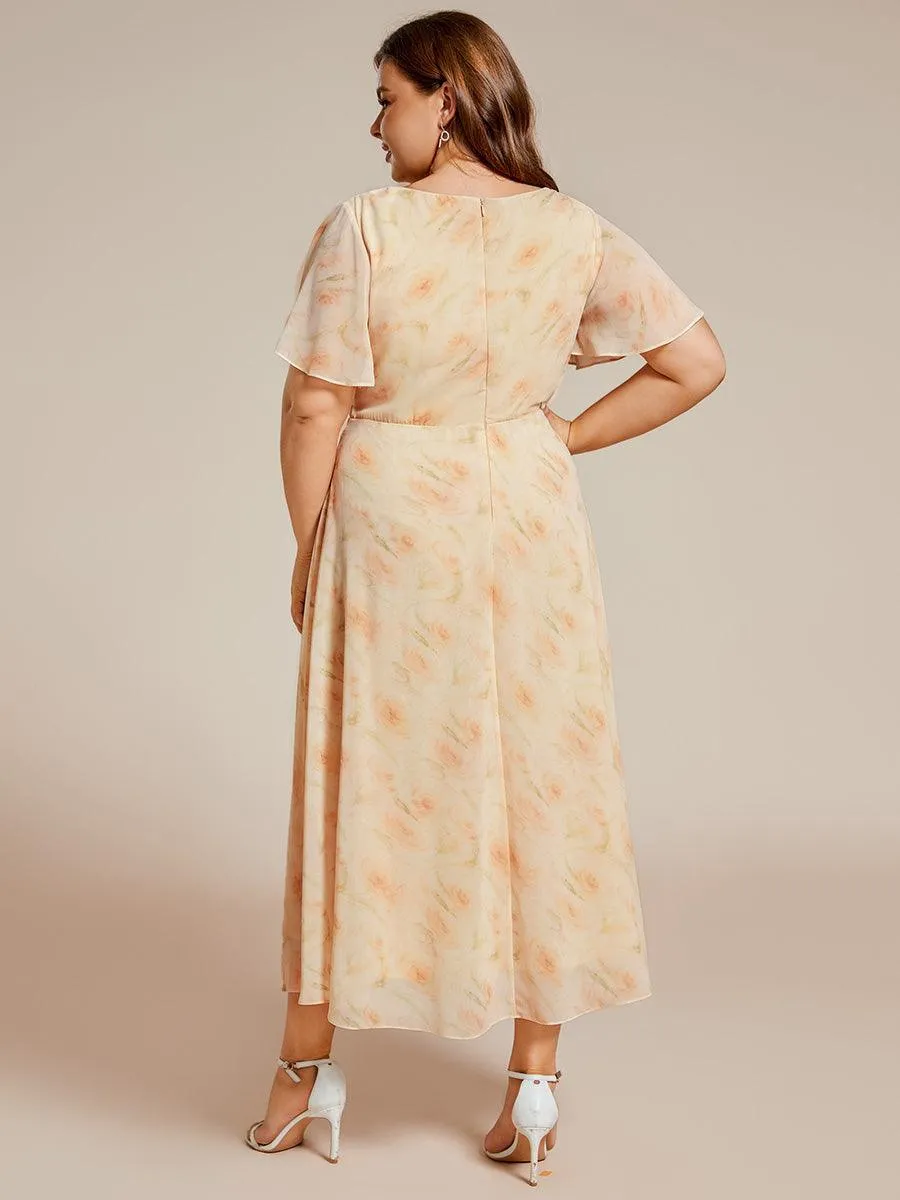 Robe de soirée midi en mousseline plissée à col en V et manches volantées