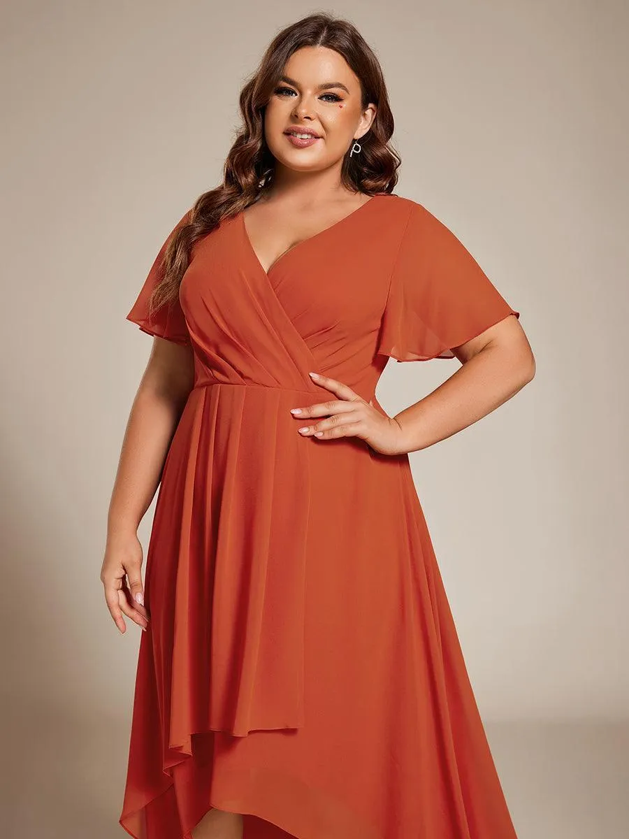 Robe de soirée midi en mousseline plissée à col en V et manches volantées