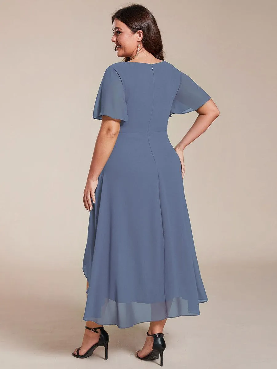 Robe de soirée midi en mousseline plissée à col en V et manches volantées