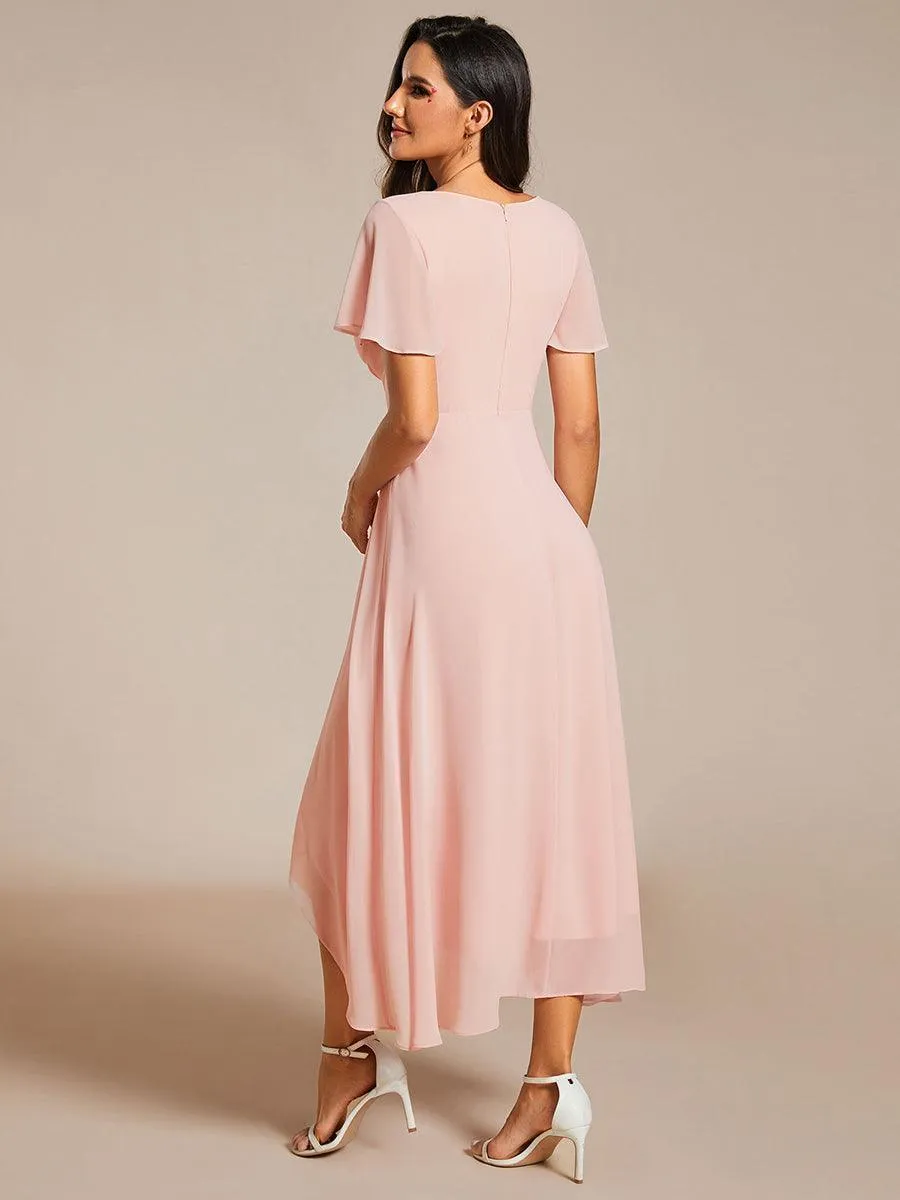 Robe de soirée midi en mousseline plissée à col en V et manches volantées