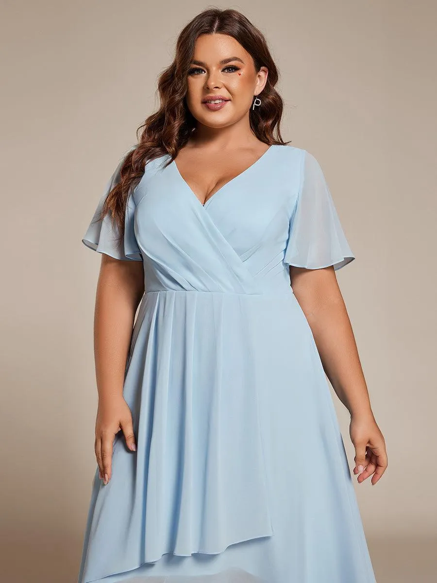 Robe de soirée midi en mousseline plissée à col en V et manches volantées