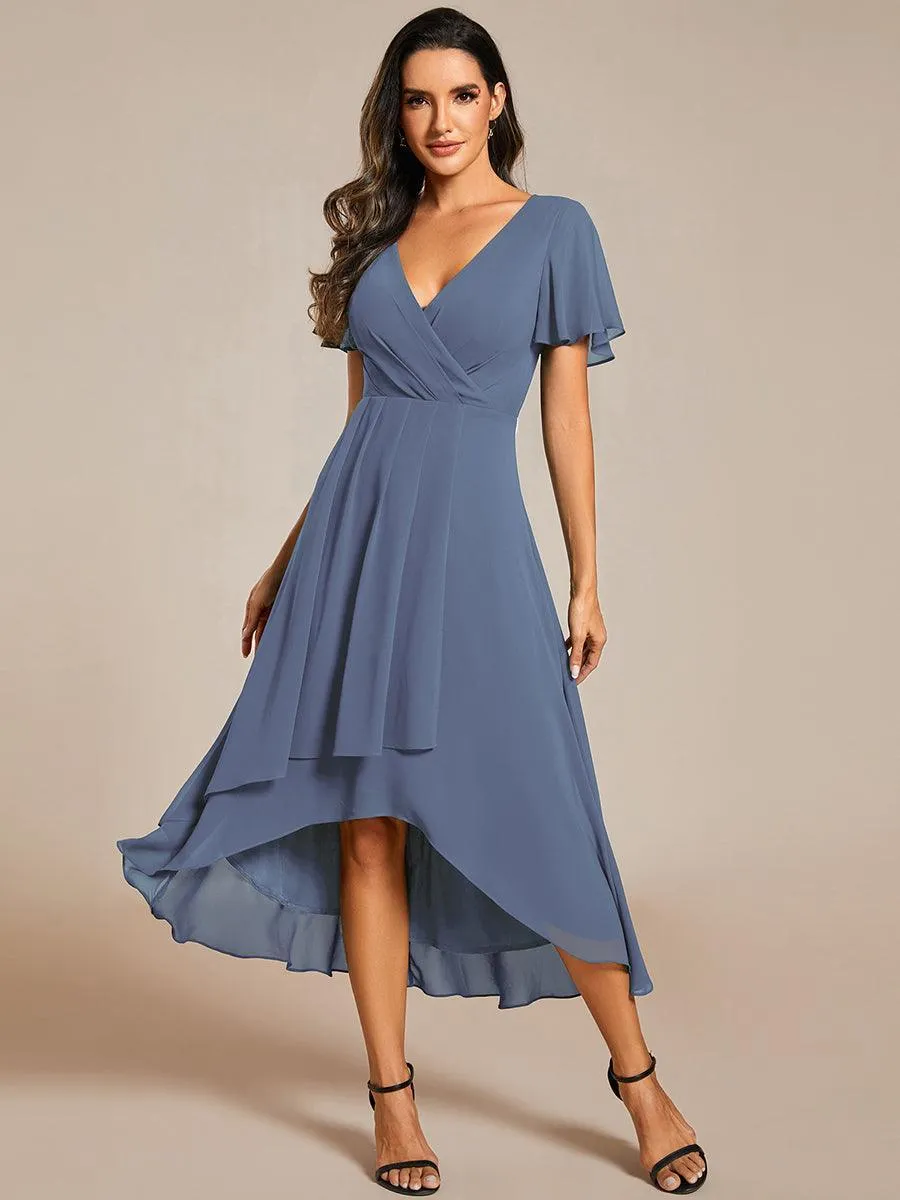 Robe de soirée midi en mousseline plissée à col en V et manches volantées