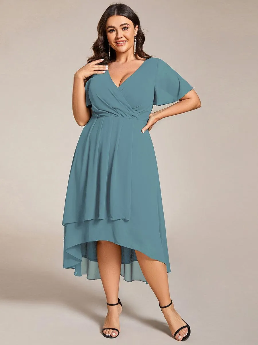 Robe de soirée midi en mousseline plissée à col en V et manches volantées