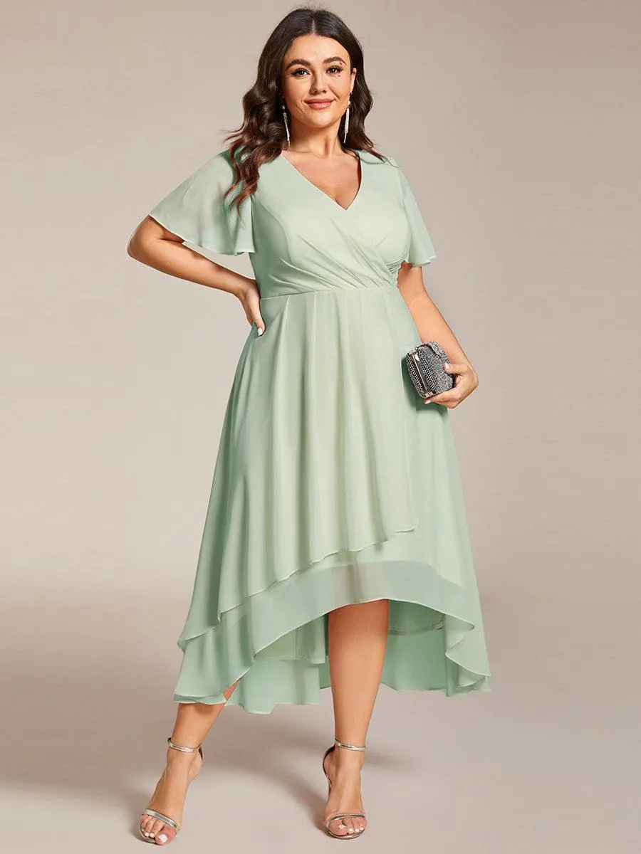 Robe de soirée midi en mousseline plissée à col en V et manches volantées