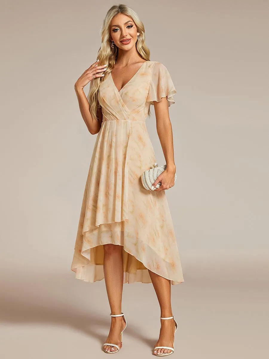 Robe de soirée midi en mousseline plissée à col en V et manches volantées