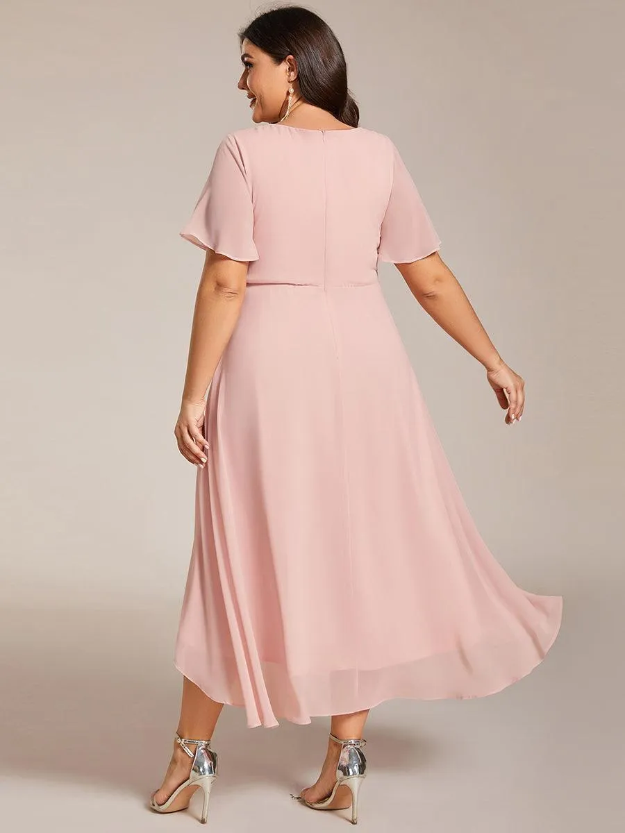 Robe de soirée midi en mousseline plissée à col en V et manches volantées