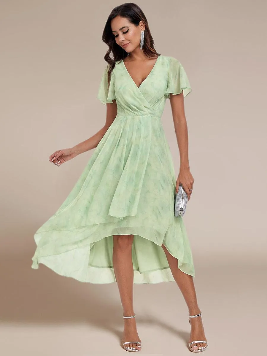 Robe de soirée midi en mousseline plissée à col en V et manches volantées