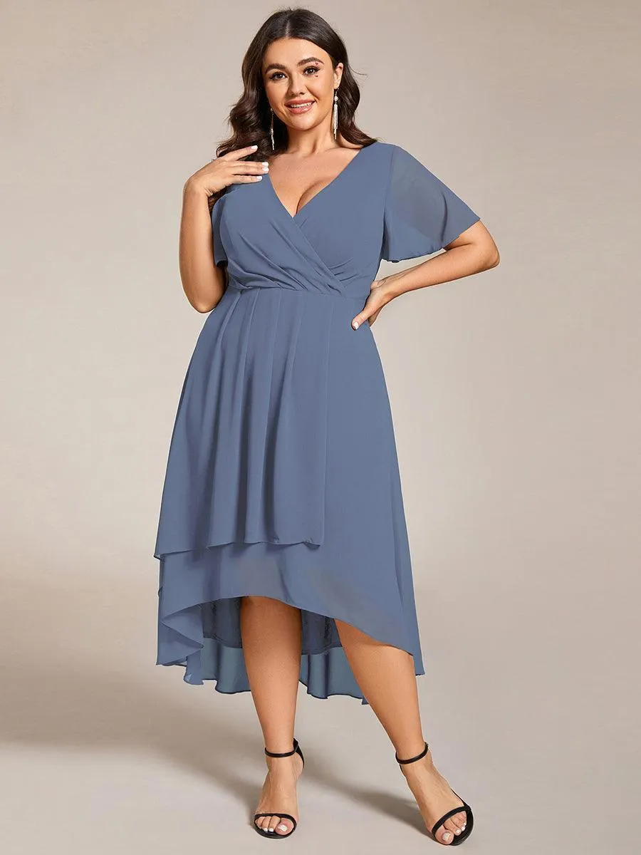 Robe de soirée midi en mousseline plissée à col en V et manches volantées