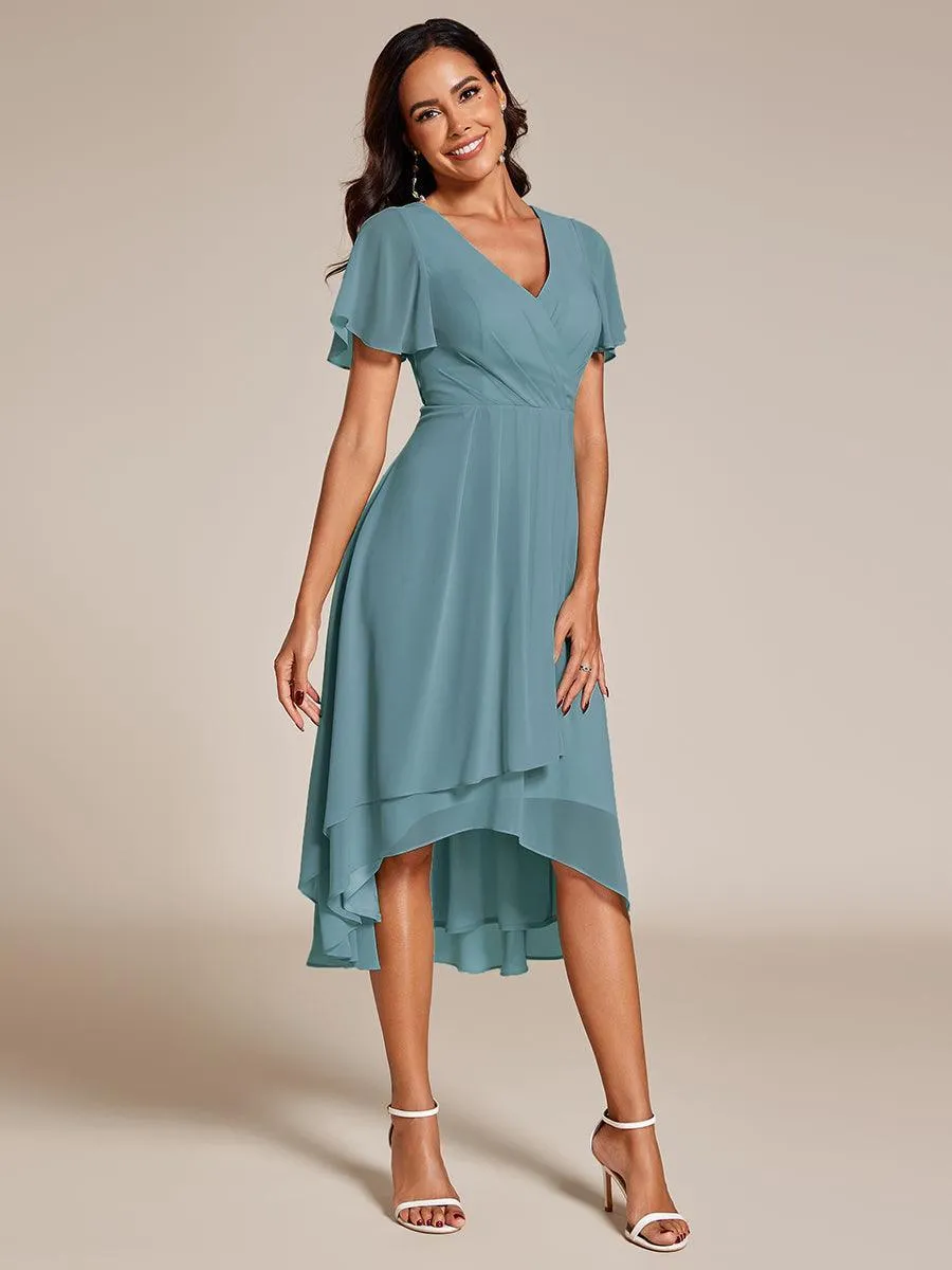 Robe de soirée midi en mousseline plissée à col en V et manches volantées