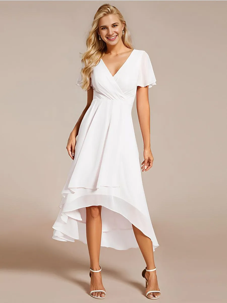 Robe de soirée midi en mousseline plissée à col en V et manches volantées