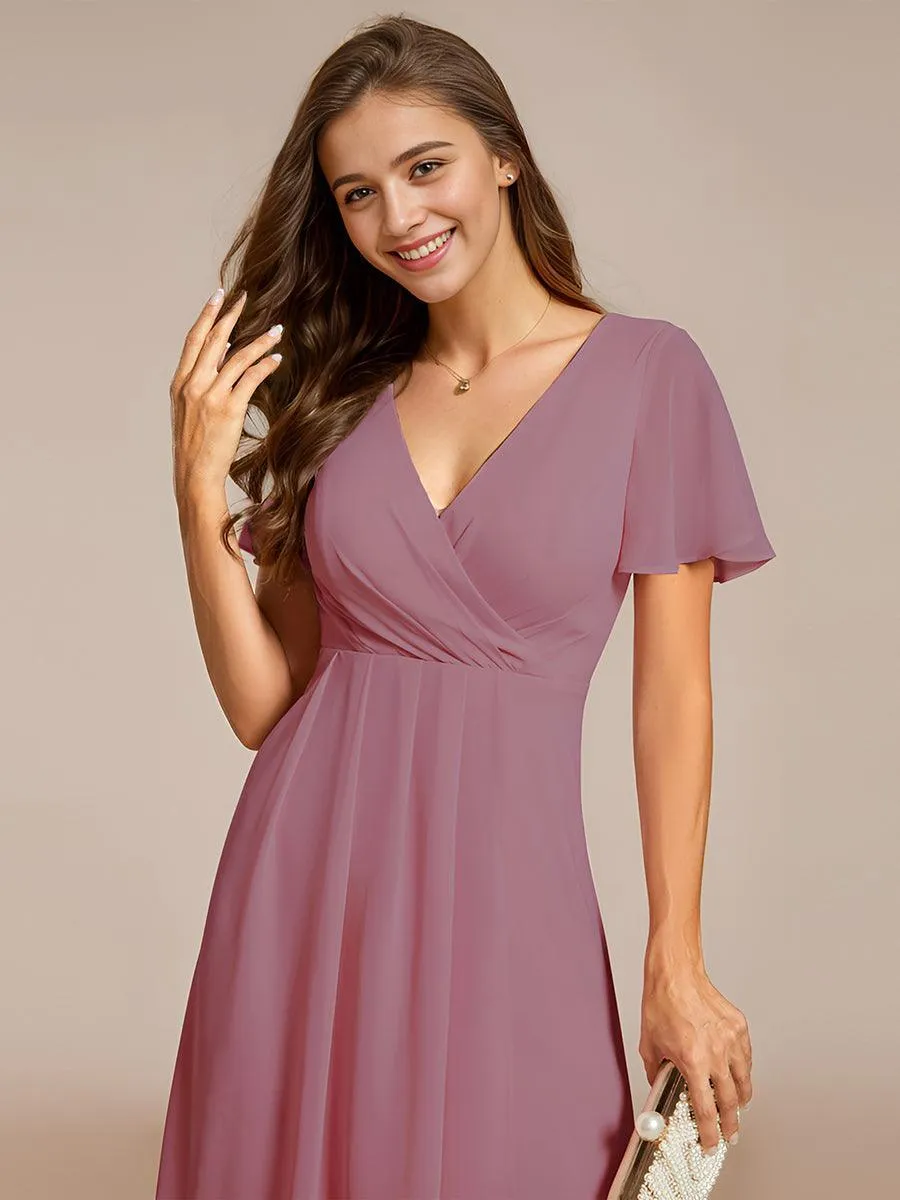 Robe de soirée midi en mousseline plissée à col en V et manches volantées