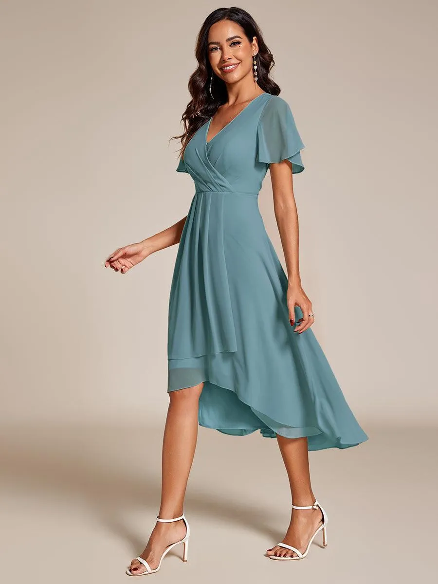 Robe de soirée midi en mousseline plissée à col en V et manches volantées