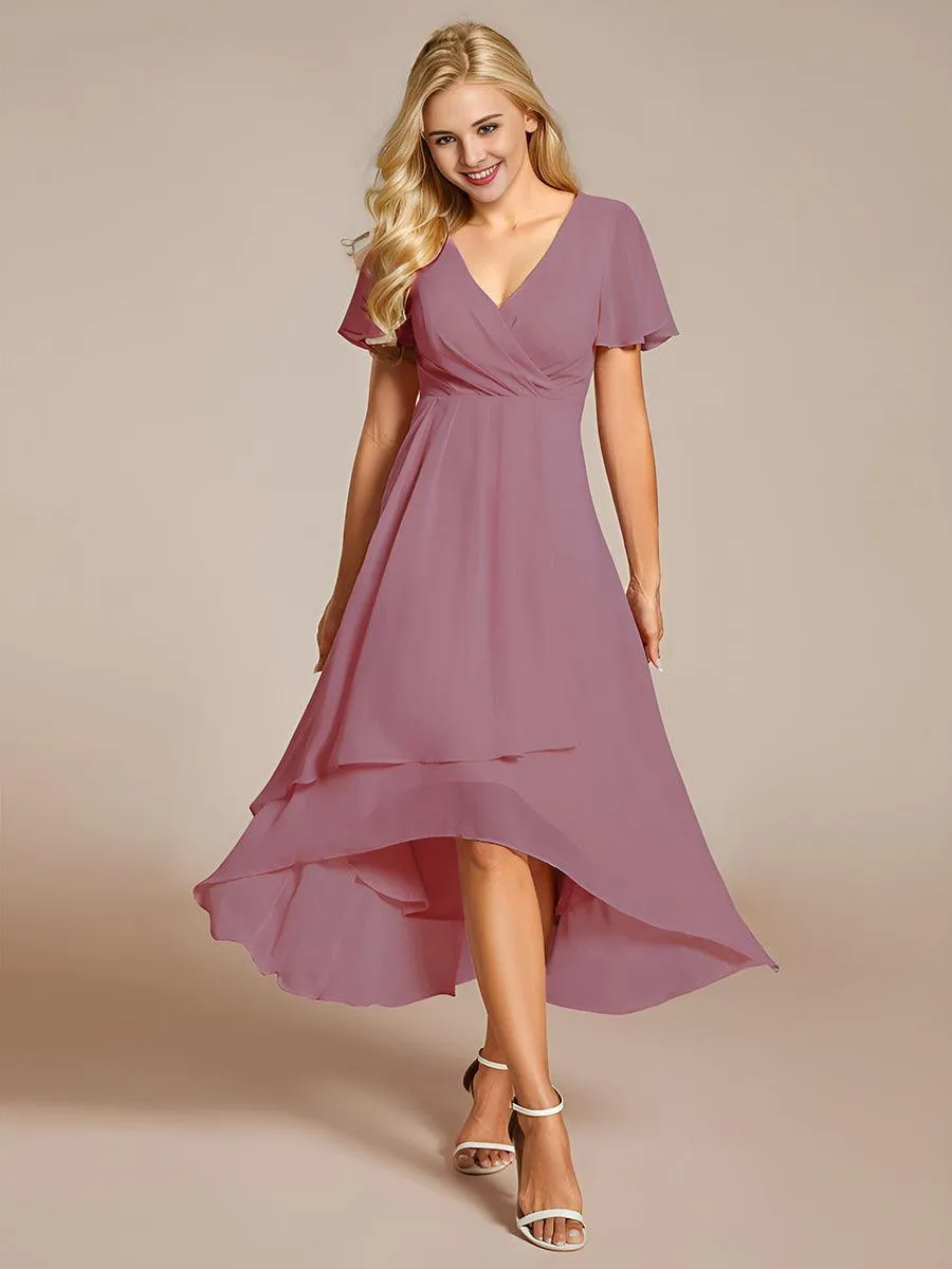 Robe de soirée midi en mousseline plissée à col en V et manches volantées